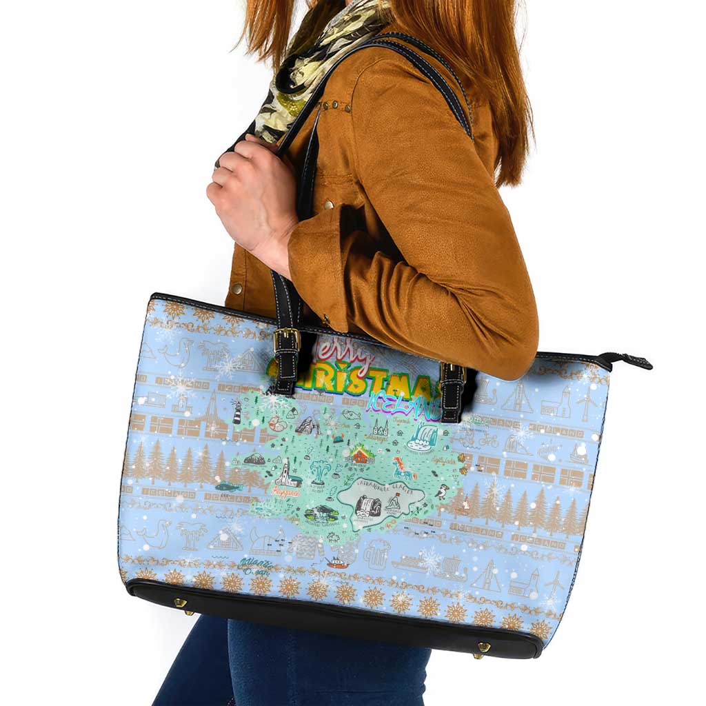 Merry Christmas Iceland Leather Tote Bag Xmas Travel Map - Wonder Print Shop