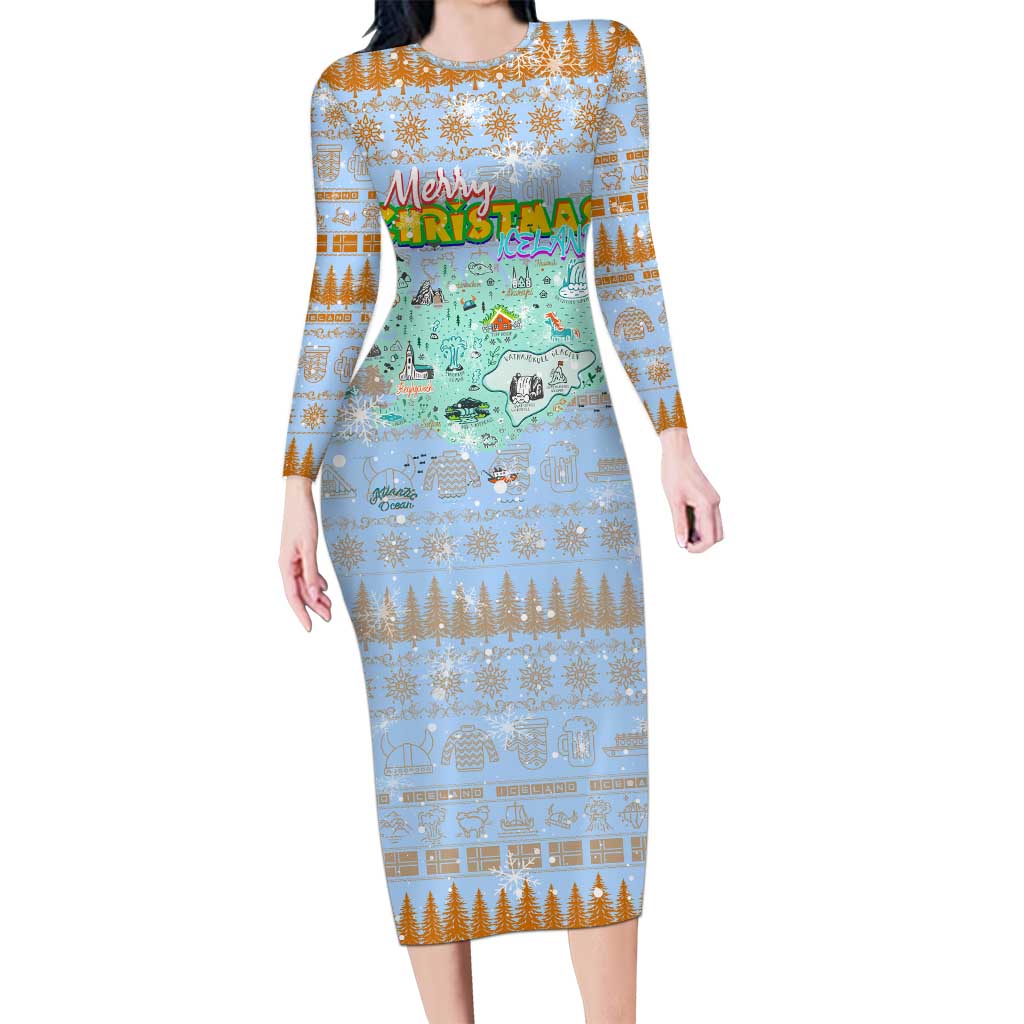 Merry Christmas Iceland Long Sleeve Bodycon Dress Xmas Travel Map - Wonder Print Shop