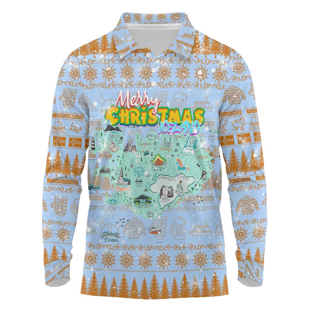 Merry Christmas Iceland Long Sleeve Polo Shirt Xmas Travel Map - Wonder Print Shop