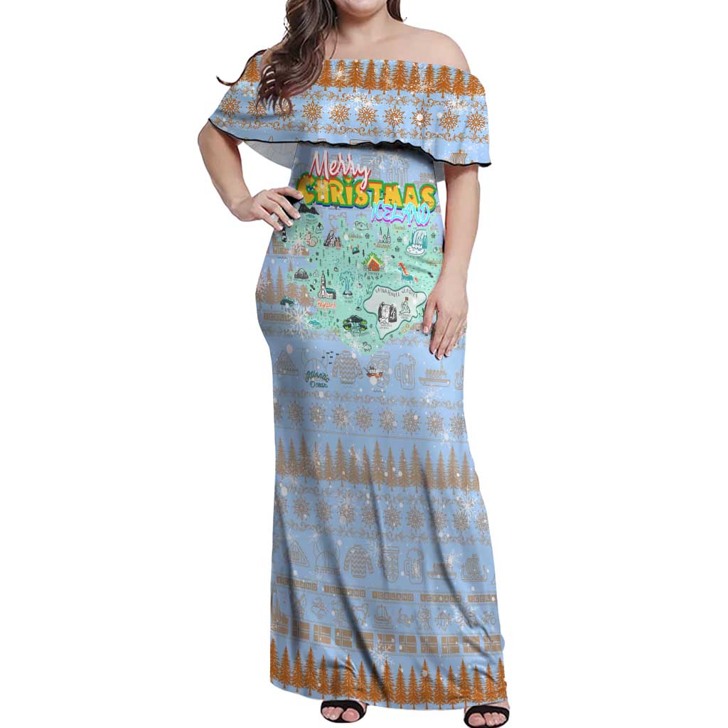 Merry Christmas Iceland Off Shoulder Maxi Dress Xmas Travel Map - Wonder Print Shop