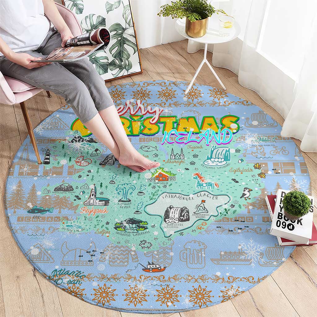 Merry Christmas Iceland Round Carpet Xmas Travel Map - Wonder Print Shop