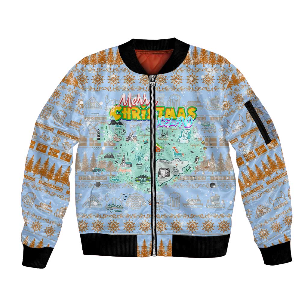 Merry Christmas Iceland Sleeve Zip Bomber Jacket Xmas Travel Map - Wonder Print Shop