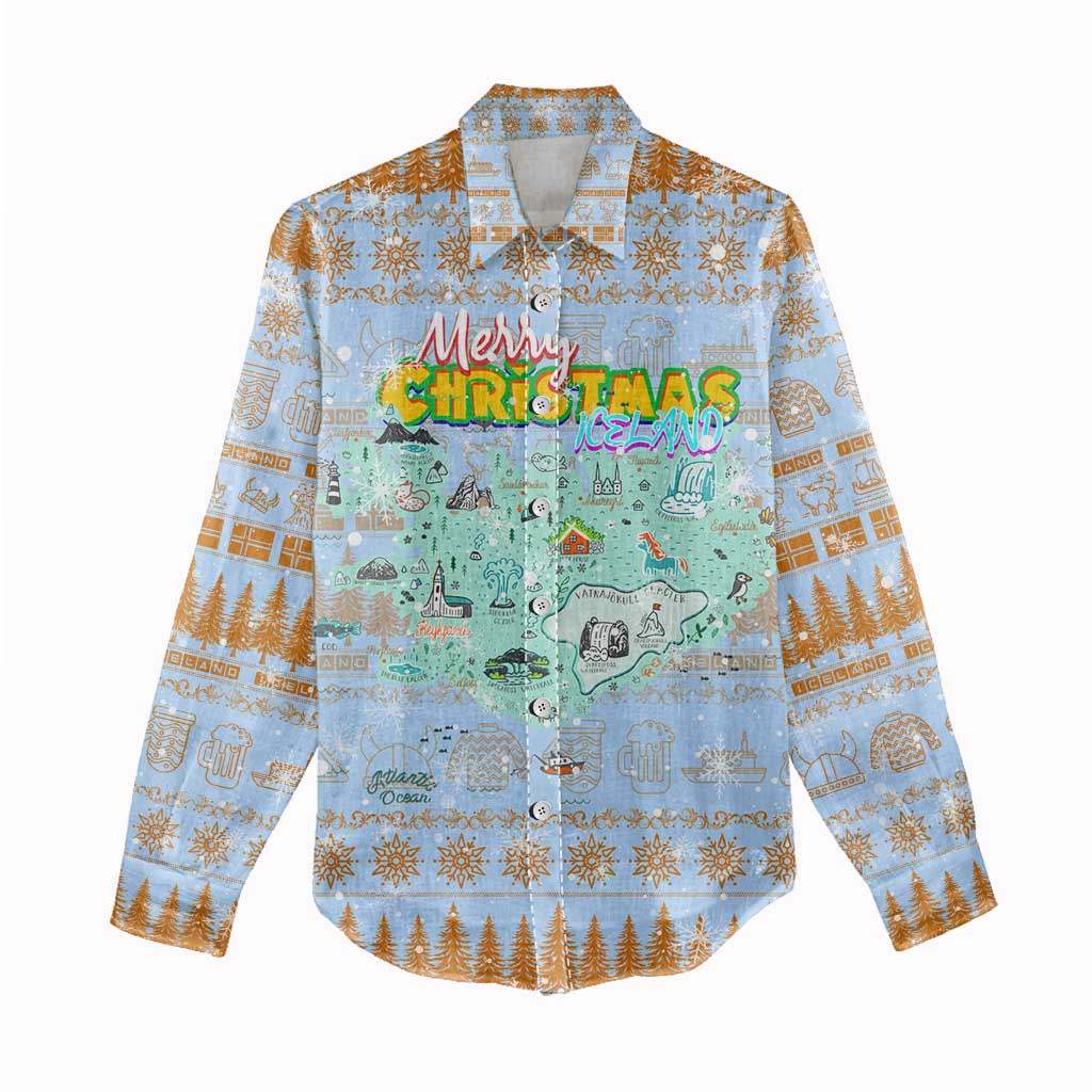 Merry Christmas Iceland Women Casual Shirt Xmas Travel Map - Wonder Print Shop