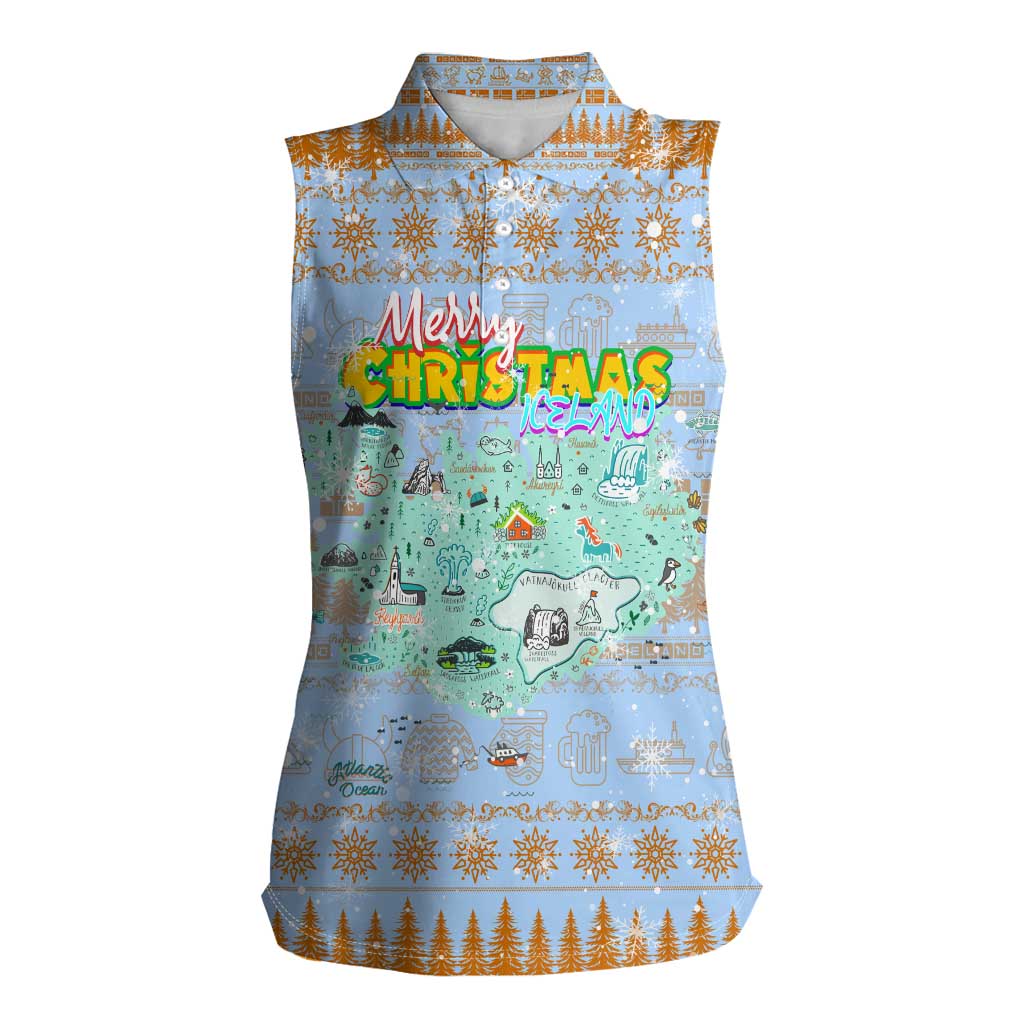 Merry Christmas Iceland Women Sleeveless Polo Shirt Xmas Travel Map - Wonder Print Shop