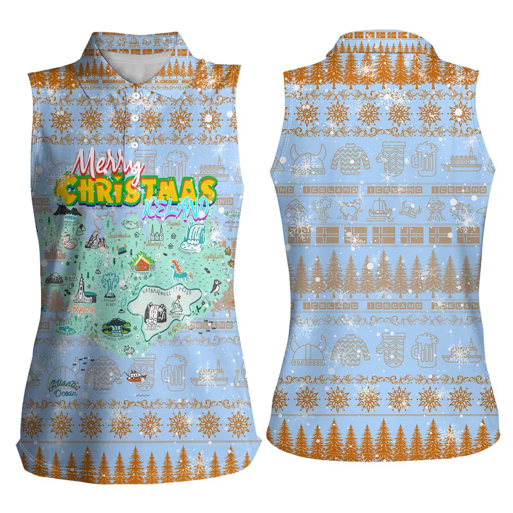 Merry Christmas Iceland Women Sleeveless Polo Shirt Xmas Travel Map - Wonder Print Shop