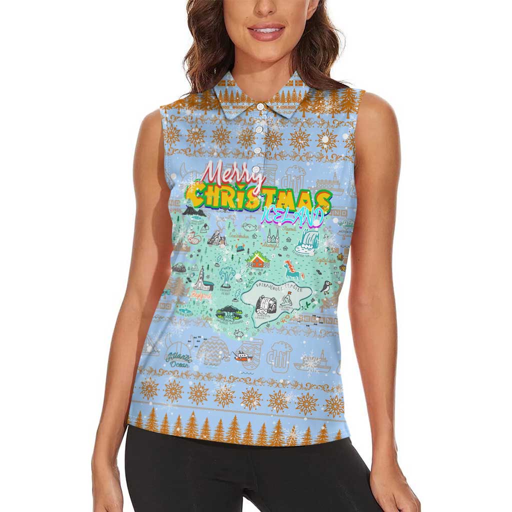 Merry Christmas Iceland Women Sleeveless Polo Shirt Xmas Travel Map - Wonder Print Shop