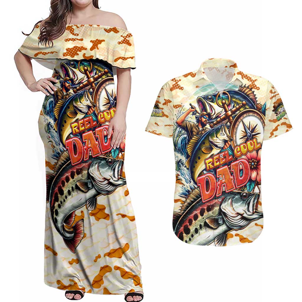 Bass Fishing Reel Cool Dad Couples Matching Off Shoulder Maxi Dress and Hawaiian Shirt Tropical Vintage