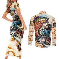 Bass Fishing Reel Cool Dad Couples Matching Short Sleeve Bodycon Dress and Long Sleeve Button Shirt Tropical Vintage