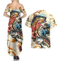 Bass Fishing Reel Cool Dad Couples Matching Summer Maxi Dress and Hawaiian Shirt Tropical Vintage