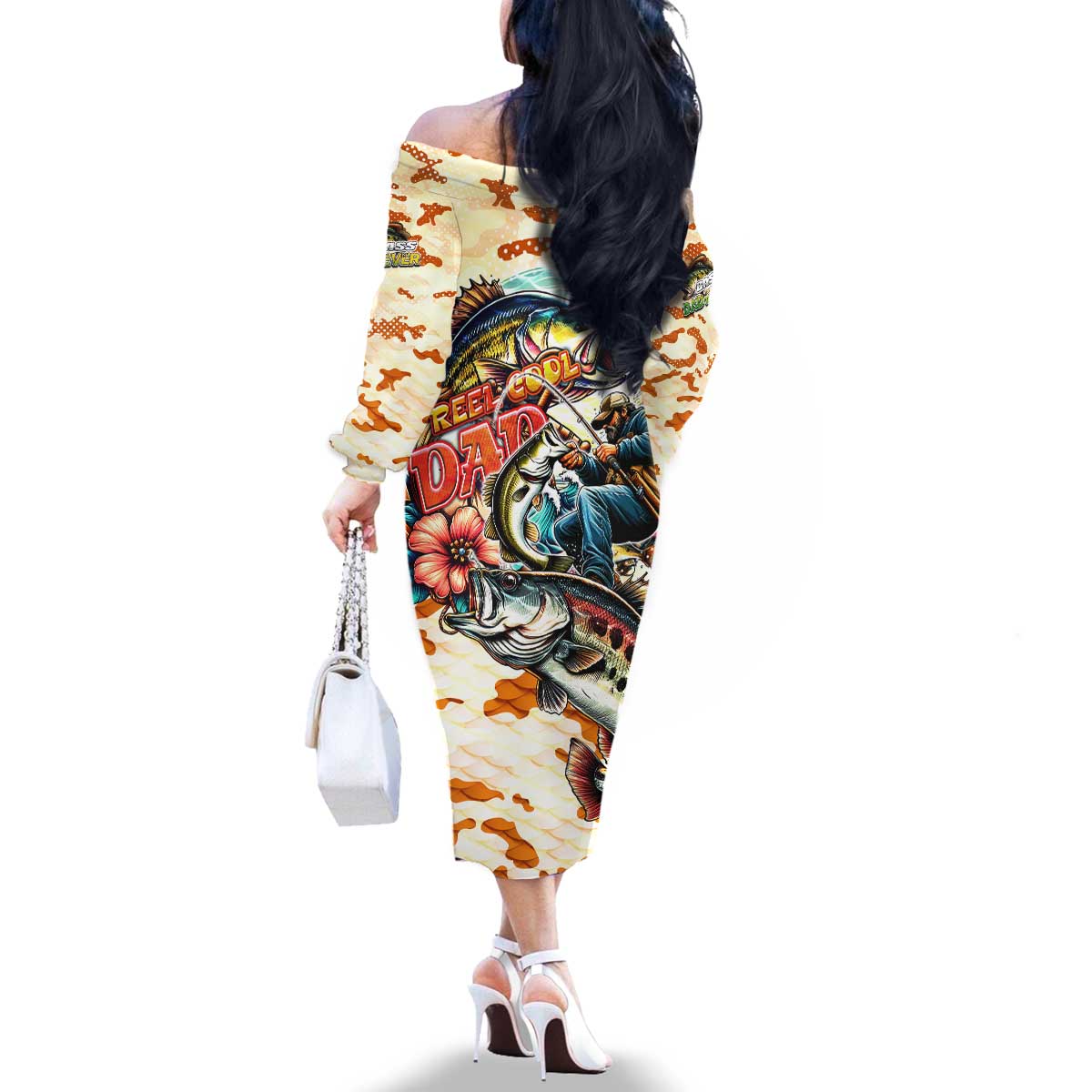 Bass Fishing Reel Cool Dad Family Matching Off The Shoulder Long Sleeve Dress and Hawaiian Shirt Tropical Vintage