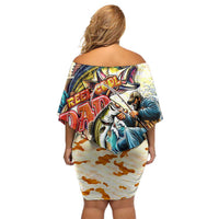 Bass Fishing Reel Cool Dad Family Matching Off Shoulder Short Dress and Hawaiian Shirt Tropical Vintage