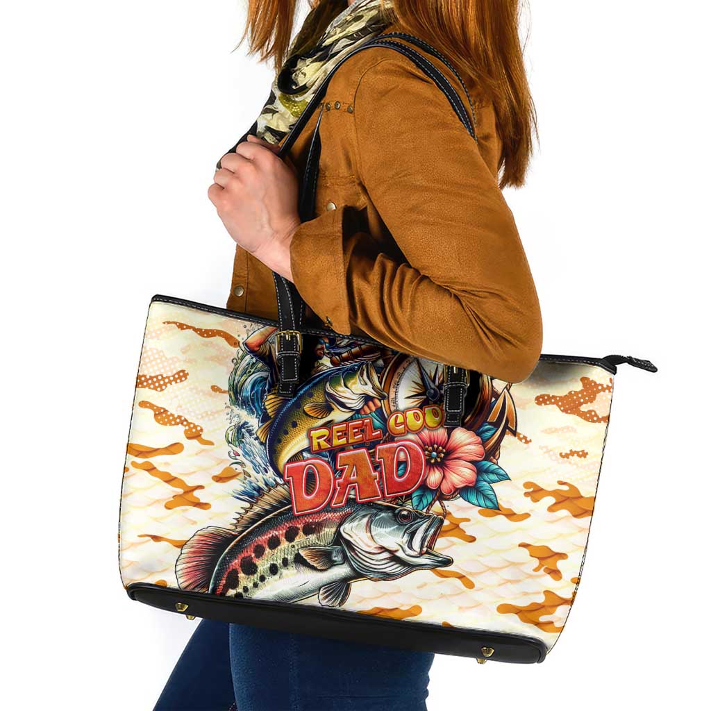 Bass Fishing Reel Cool Dad Leather Tote Bag Tropical Vintage