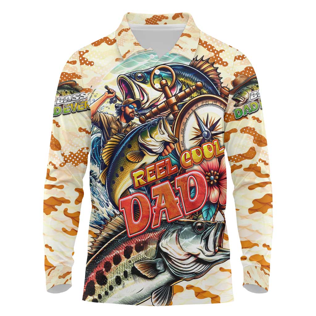 Bass Fishing Reel Cool Dad Long Sleeve Polo Shirt Tropical Vintage