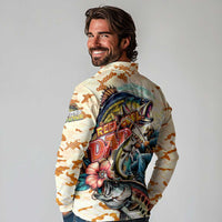 Bass Fishing Reel Cool Dad Long Sleeve Polo Shirt Tropical Vintage