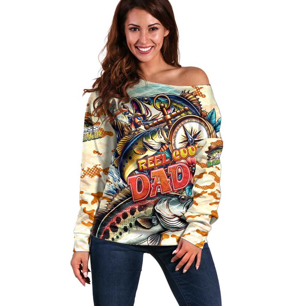 Bass Fishing Reel Cool Dad Off Shoulder Sweater Tropical Vintage