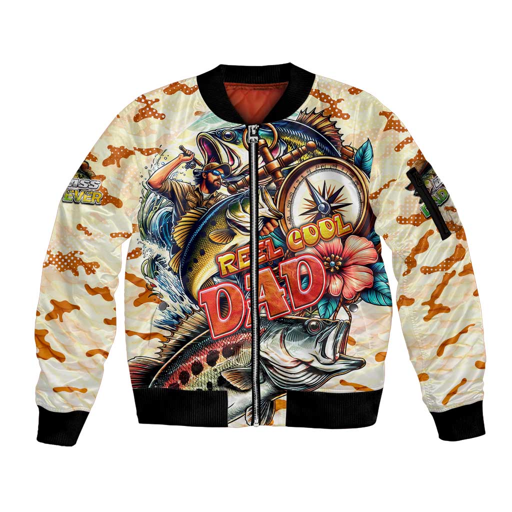 Bass Fishing Reel Cool Dad Sleeve Zip Bomber Jacket Tropical Vintage
