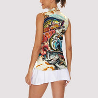 Bass Fishing Reel Cool Dad Women Sleeveless Polo Shirt Tropical Vintage