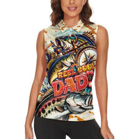 Bass Fishing Reel Cool Dad Women Sleeveless Polo Shirt Tropical Vintage