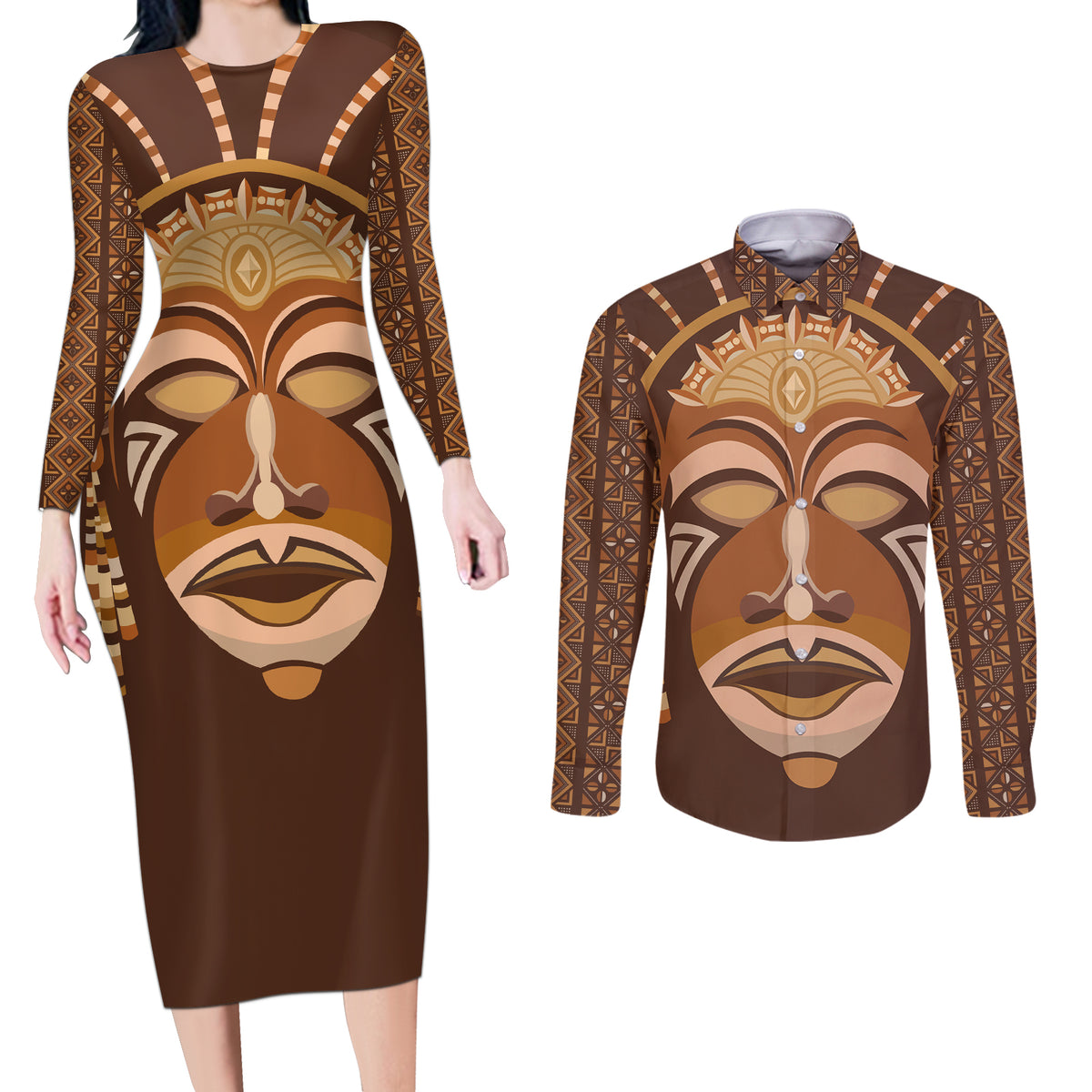 African Women Couples Matching Long Sleeve Bodycon Dress and Long Sleeve Button Shirt Tribal Ethnic Mask - Wonder Print Shop