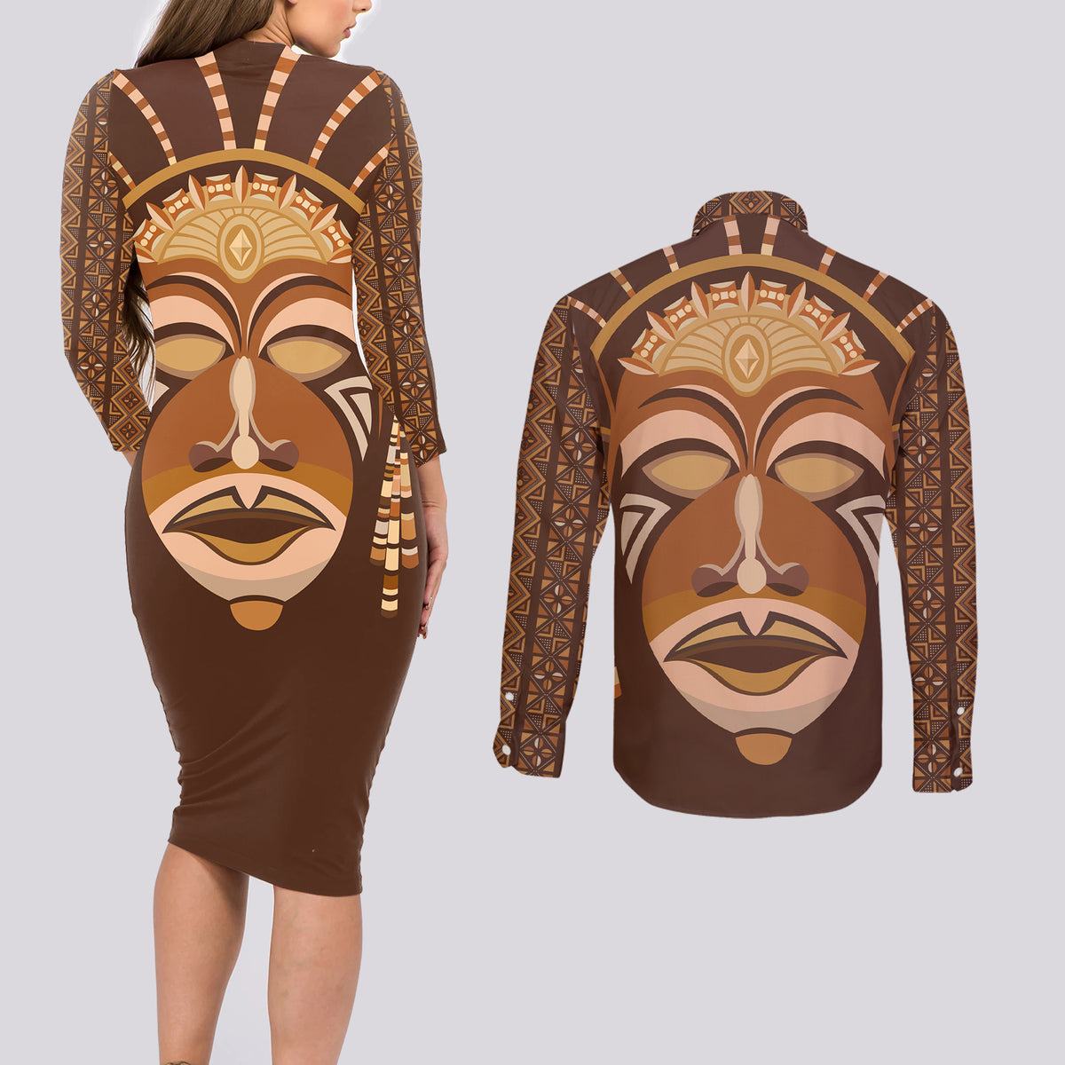 African Women Couples Matching Long Sleeve Bodycon Dress and Long Sleeve Button Shirt Tribal Ethnic Mask - Wonder Print Shop