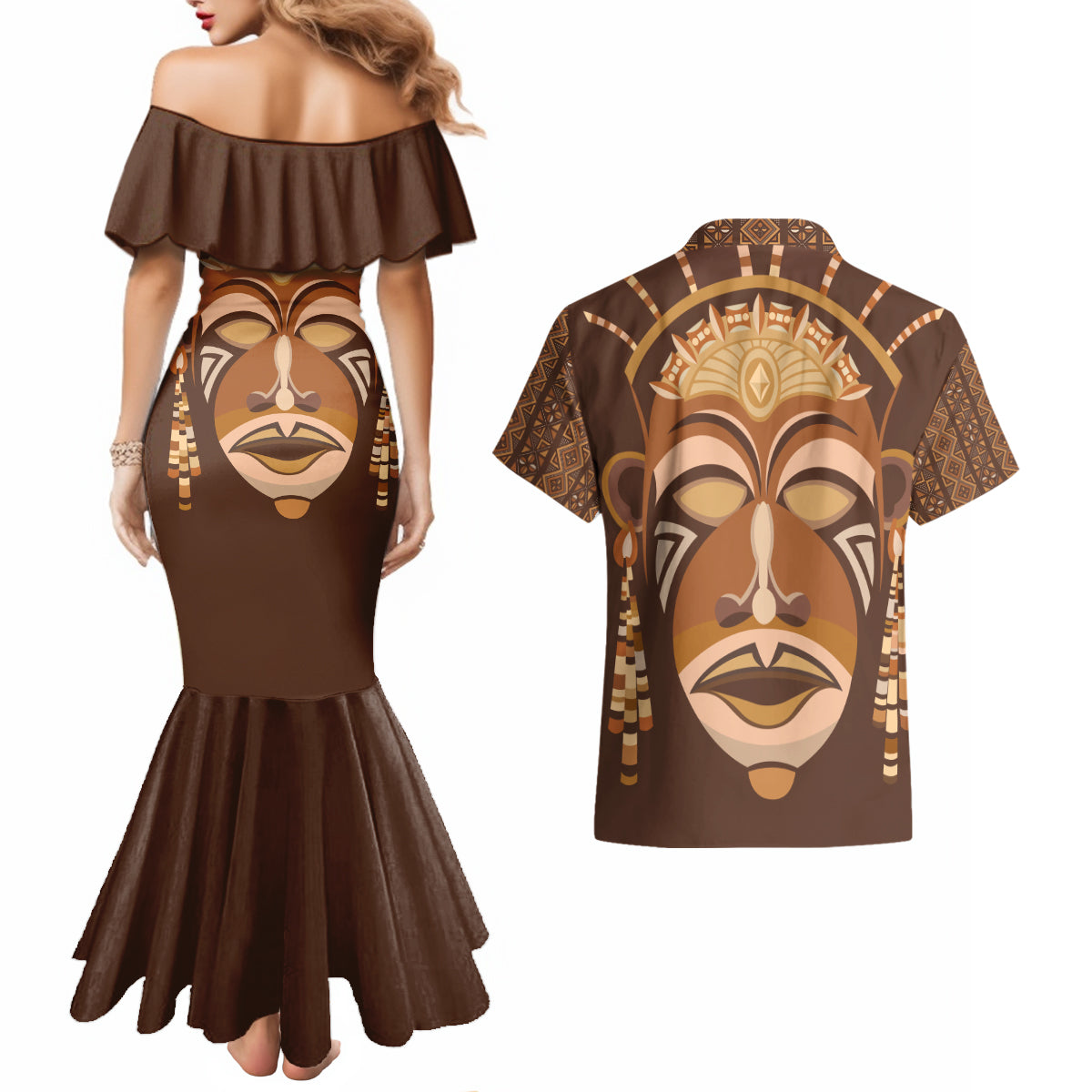African Women Couples Matching Mermaid Dress and Hawaiian Shirt Tribal Ethnic Mask - Wonder Print Shop