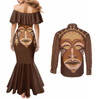 African Women Couples Matching Mermaid Dress and Long Sleeve Button Shirt Tribal Ethnic Mask