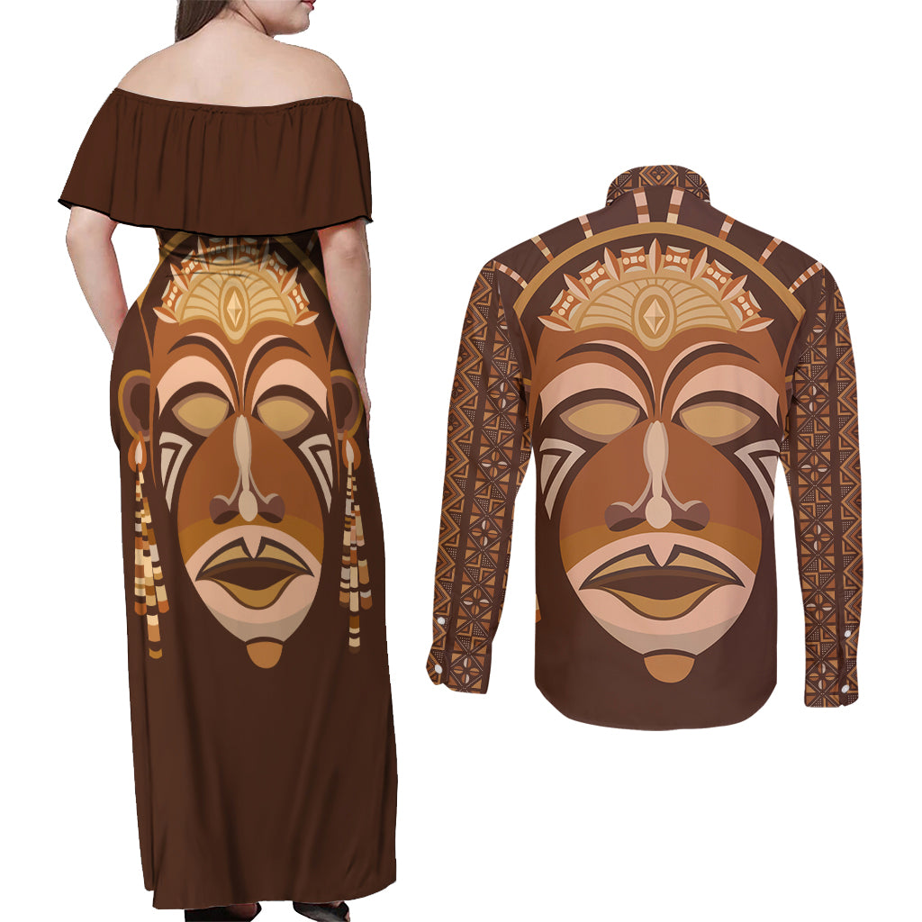 African Women Couples Matching Off Shoulder Maxi Dress and Long Sleeve Button Shirt Tribal Ethnic Mask - Wonder Print Shop