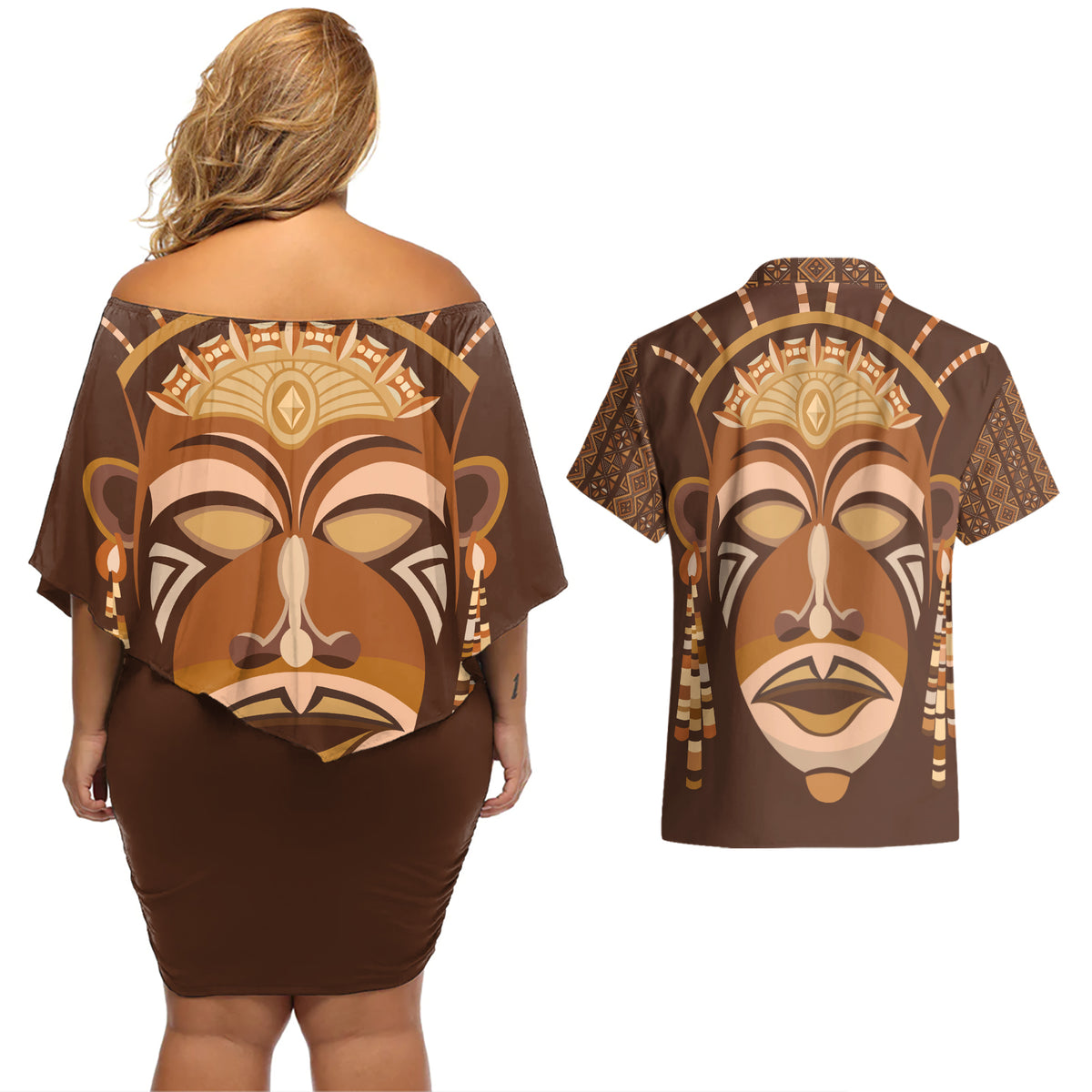 African Women Couples Matching Off Shoulder Short Dress and Hawaiian Shirt Tribal Ethnic Mask - Wonder Print Shop