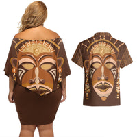 African Women Couples Matching Off Shoulder Short Dress and Hawaiian Shirt Tribal Ethnic Mask - Wonder Print Shop