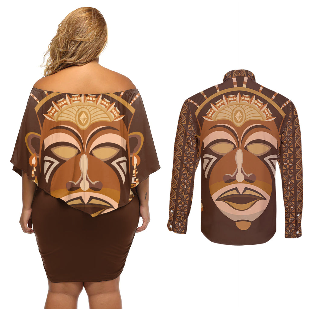 African Women Couples Matching Off Shoulder Short Dress and Long Sleeve Button Shirt Tribal Ethnic Mask - Wonder Print Shop