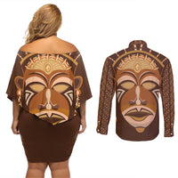 African Women Couples Matching Off Shoulder Short Dress and Long Sleeve Button Shirt Tribal Ethnic Mask - Wonder Print Shop