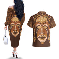 African Women Couples Matching Off The Shoulder Long Sleeve Dress and Hawaiian Shirt Tribal Ethnic Mask - Wonder Print Shop