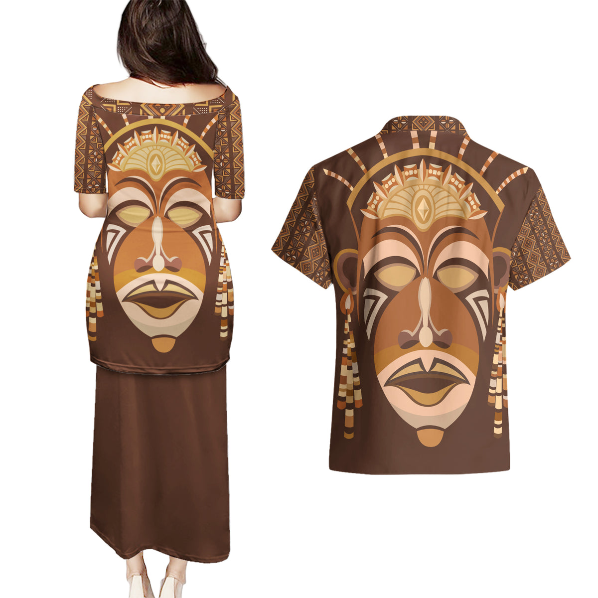 African Women Couples Matching Puletasi and Hawaiian Shirt Tribal Ethnic Mask - Wonder Print Shop