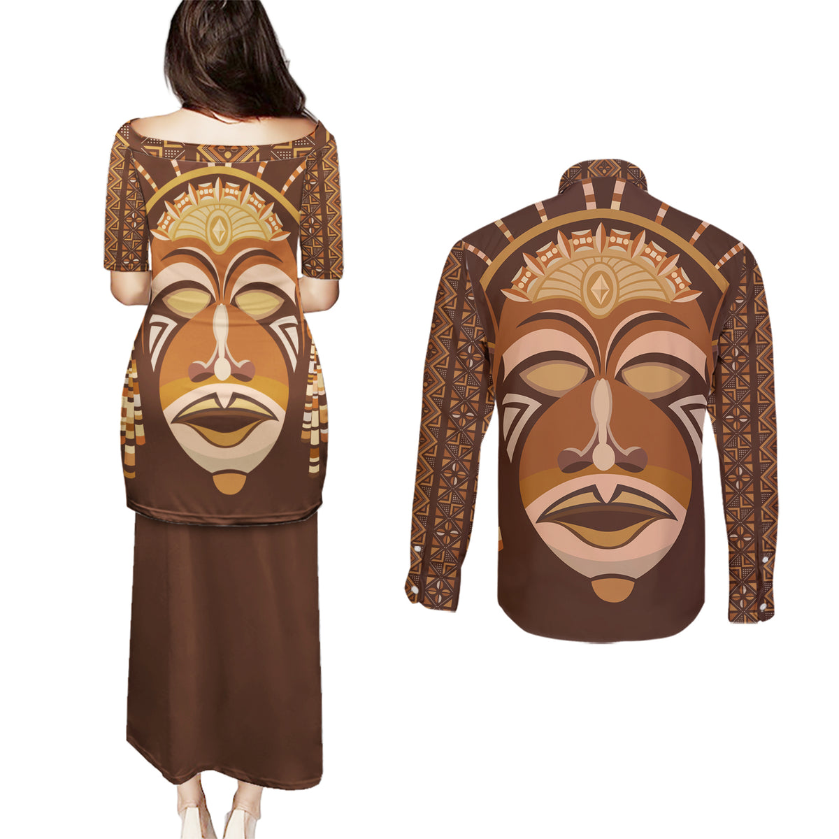 African Women Couples Matching Puletasi and Long Sleeve Button Shirt Tribal Ethnic Mask - Wonder Print Shop