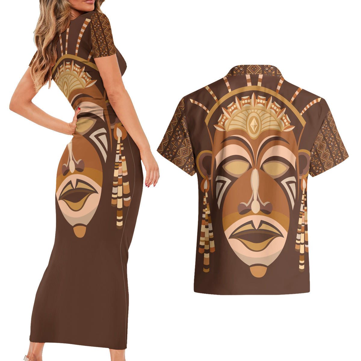 African Women Couples Matching Short Sleeve Bodycon Dress and Hawaiian Shirt Tribal Ethnic Mask - Wonder Print Shop