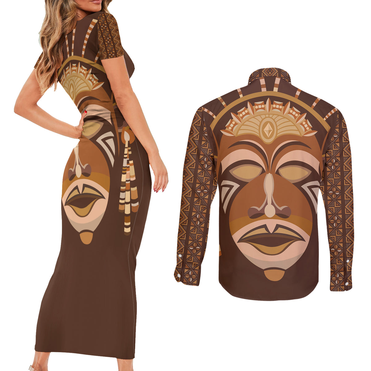 African Women Couples Matching Short Sleeve Bodycon Dress and Long Sleeve Button Shirt Tribal Ethnic Mask - Wonder Print Shop