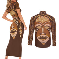African Women Couples Matching Short Sleeve Bodycon Dress and Long Sleeve Button Shirt Tribal Ethnic Mask - Wonder Print Shop