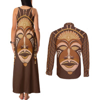 African Women Couples Matching Tank Maxi Dress and Long Sleeve Button Shirt Tribal Ethnic Mask - Wonder Print Shop
