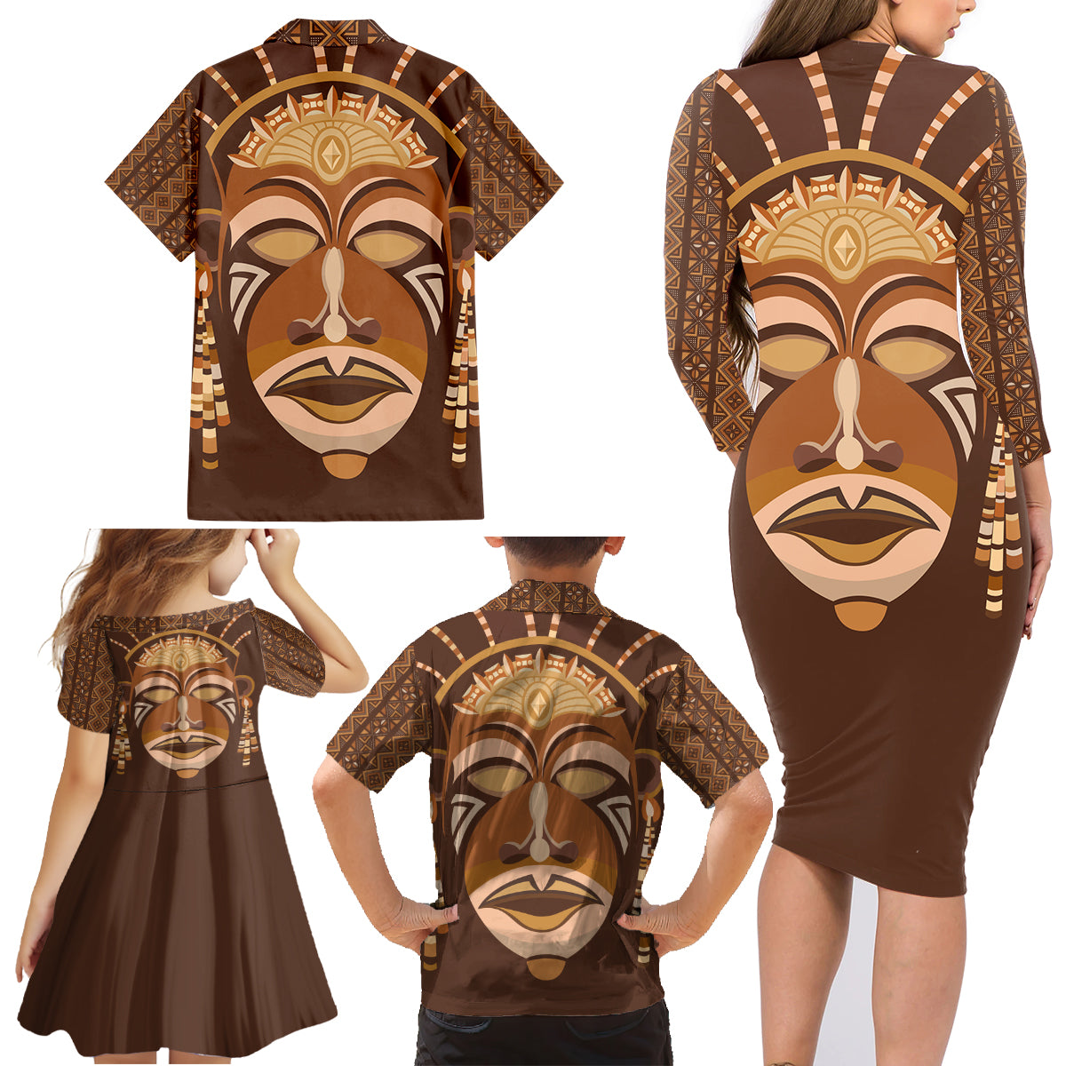 African Women Family Matching Long Sleeve Bodycon Dress and Hawaiian Shirt Tribal Ethnic Mask - Wonder Print Shop