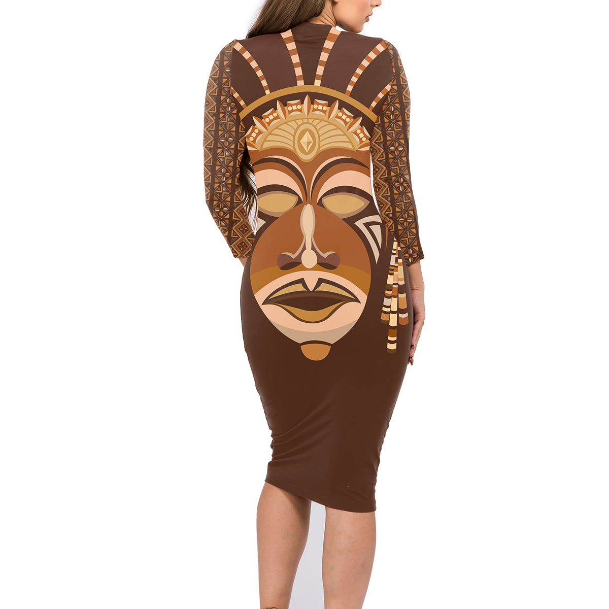 African Women Family Matching Long Sleeve Bodycon Dress and Hawaiian Shirt Tribal Ethnic Mask - Wonder Print Shop