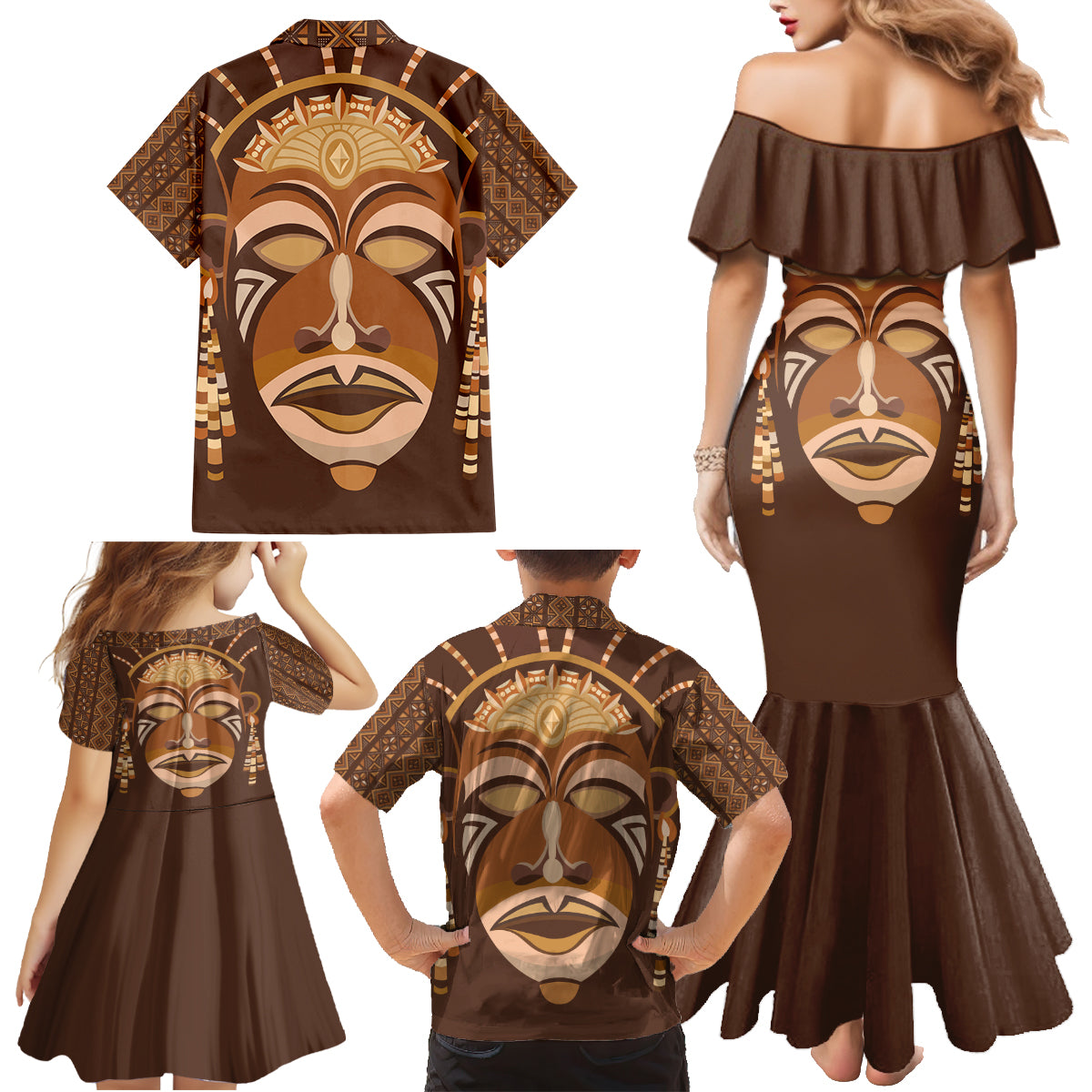 African Women Family Matching Mermaid Dress and Hawaiian Shirt Tribal Ethnic Mask - Wonder Print Shop
