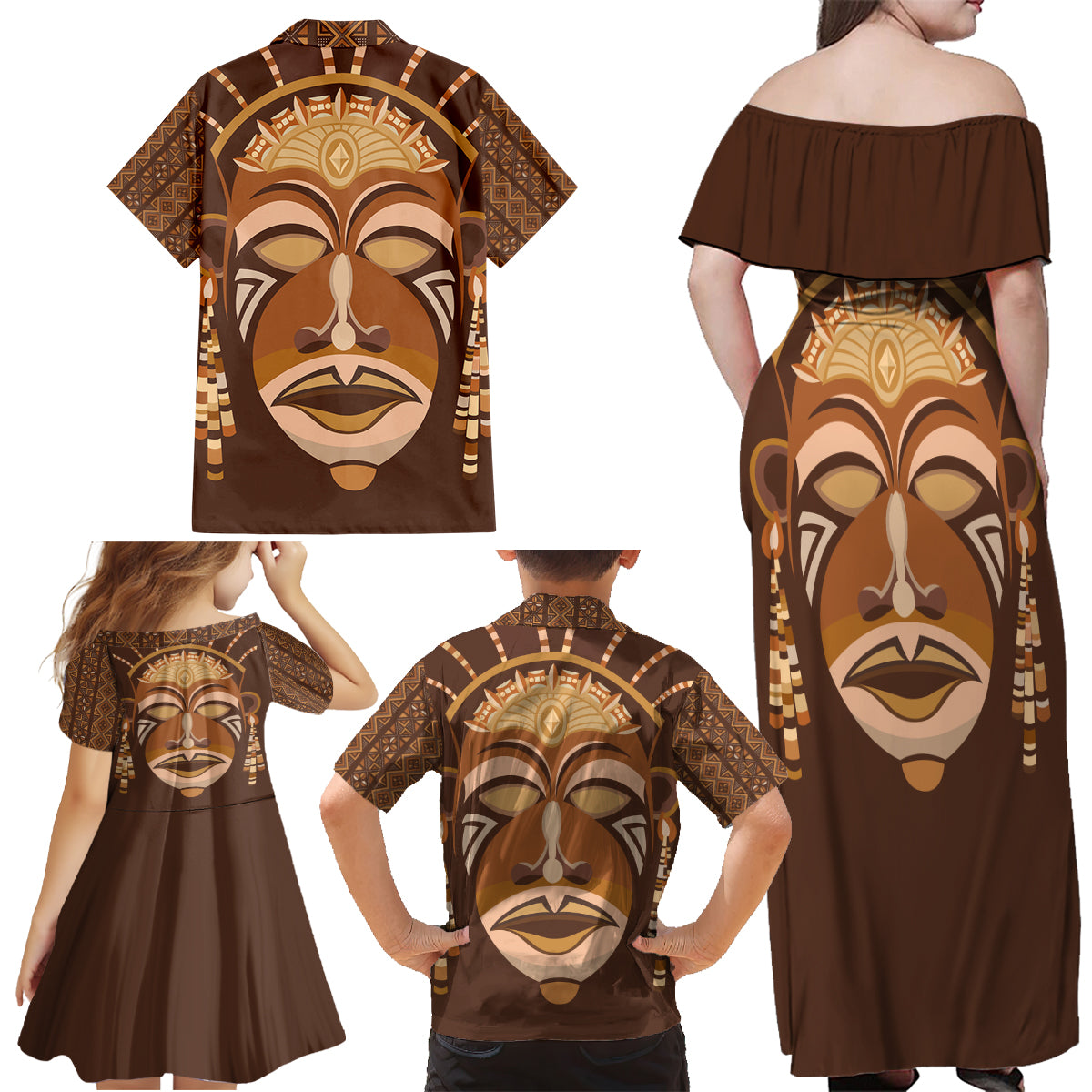 African Women Family Matching Off Shoulder Maxi Dress and Hawaiian Shirt Tribal Ethnic Mask - Wonder Print Shop
