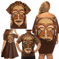 African Women Family Matching Off Shoulder Short Dress and Hawaiian Shirt Tribal Ethnic Mask - Wonder Print Shop