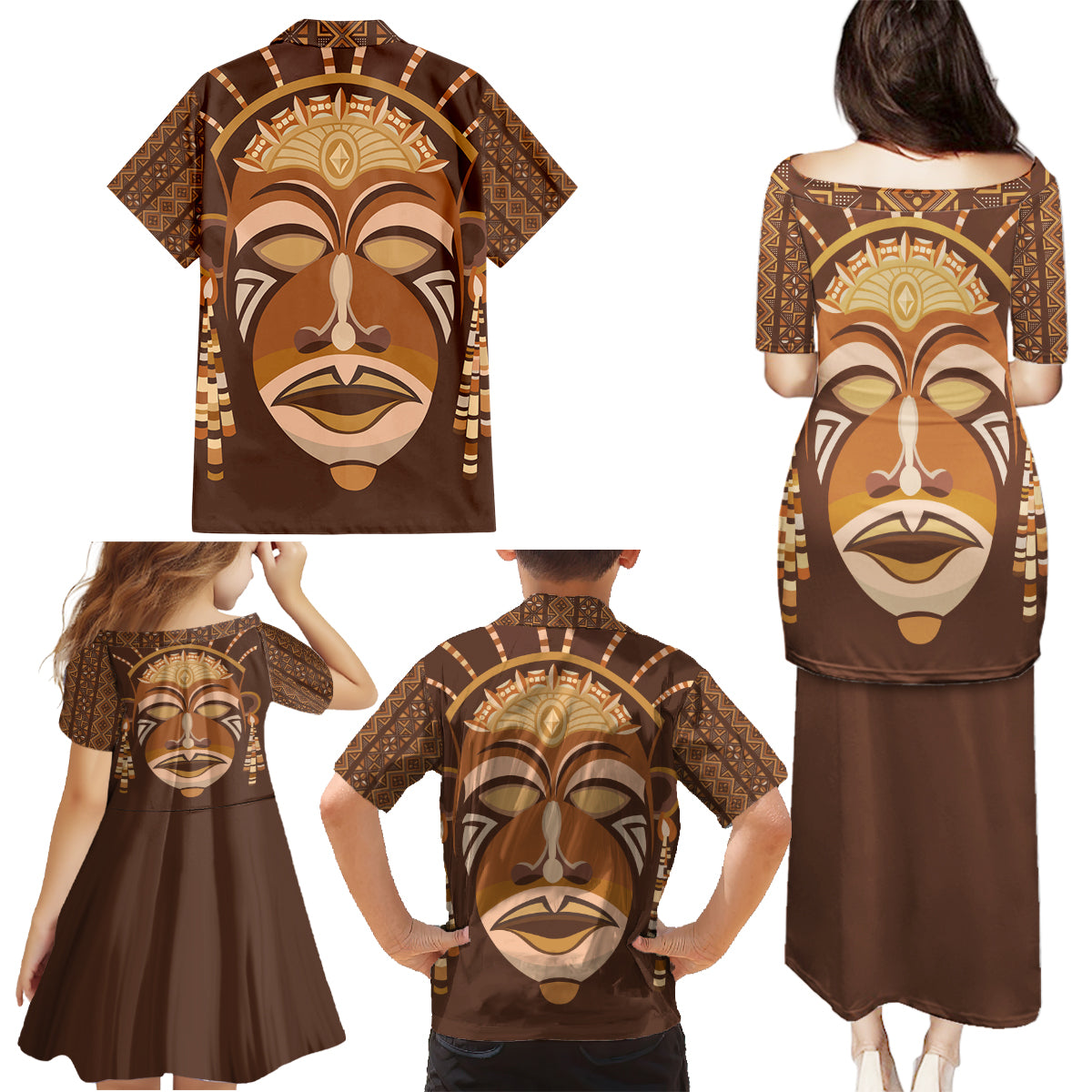 African Women Family Matching Puletasi and Hawaiian Shirt Tribal Ethnic Mask - Wonder Print Shop