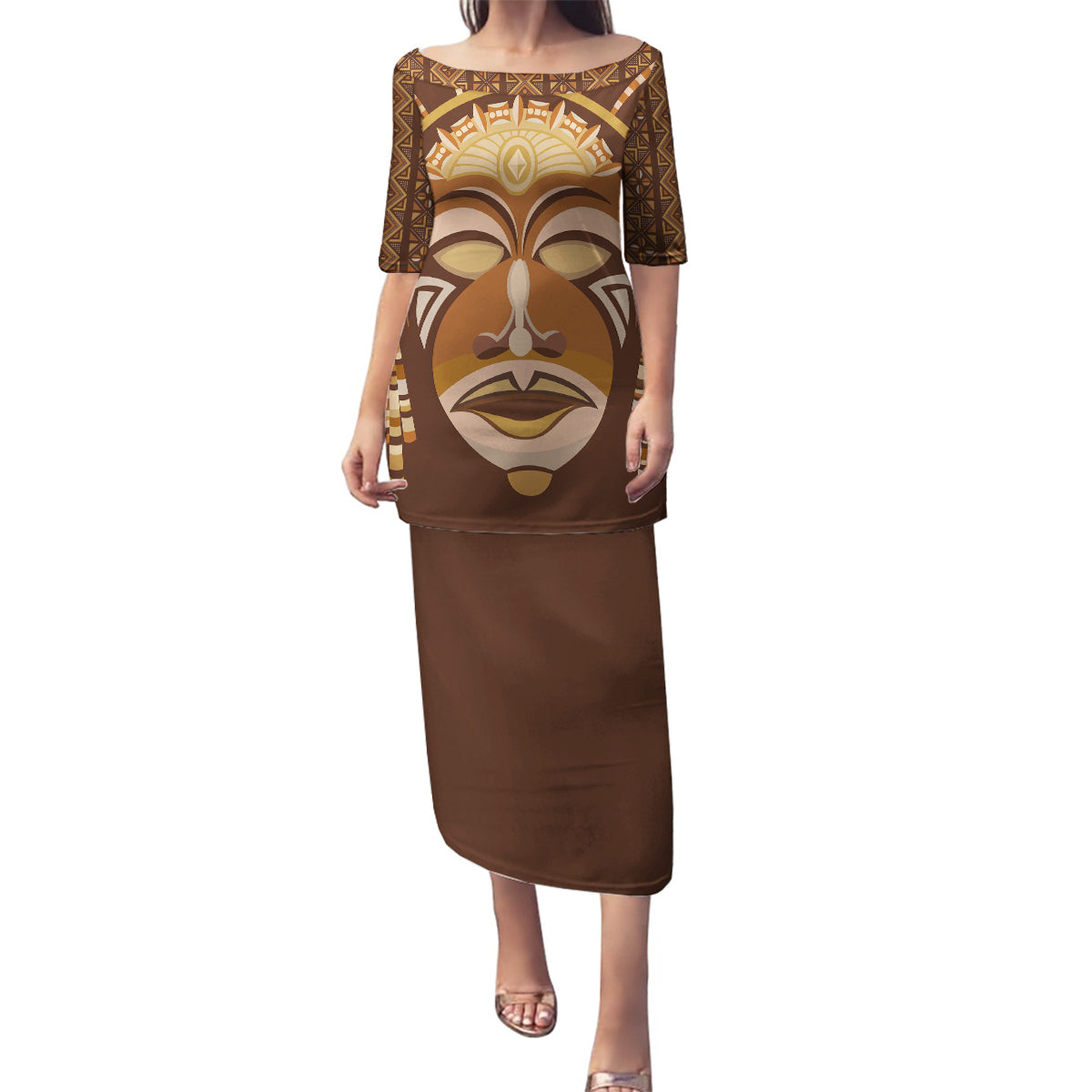 African Women Family Matching Puletasi and Hawaiian Shirt Tribal Ethnic Mask - Wonder Print Shop