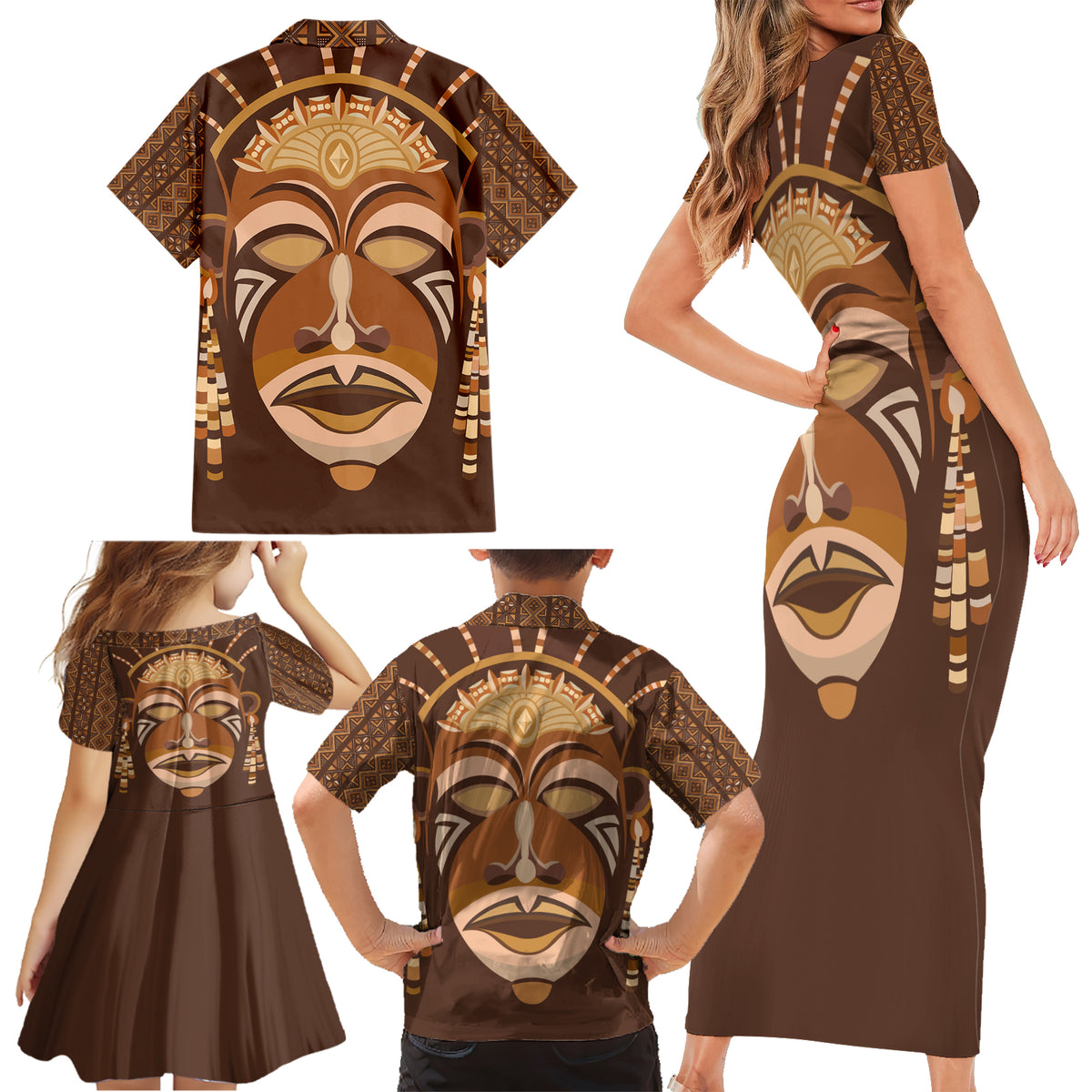 African Women Family Matching Short Sleeve Bodycon Dress and Hawaiian Shirt Tribal Ethnic Mask - Wonder Print Shop