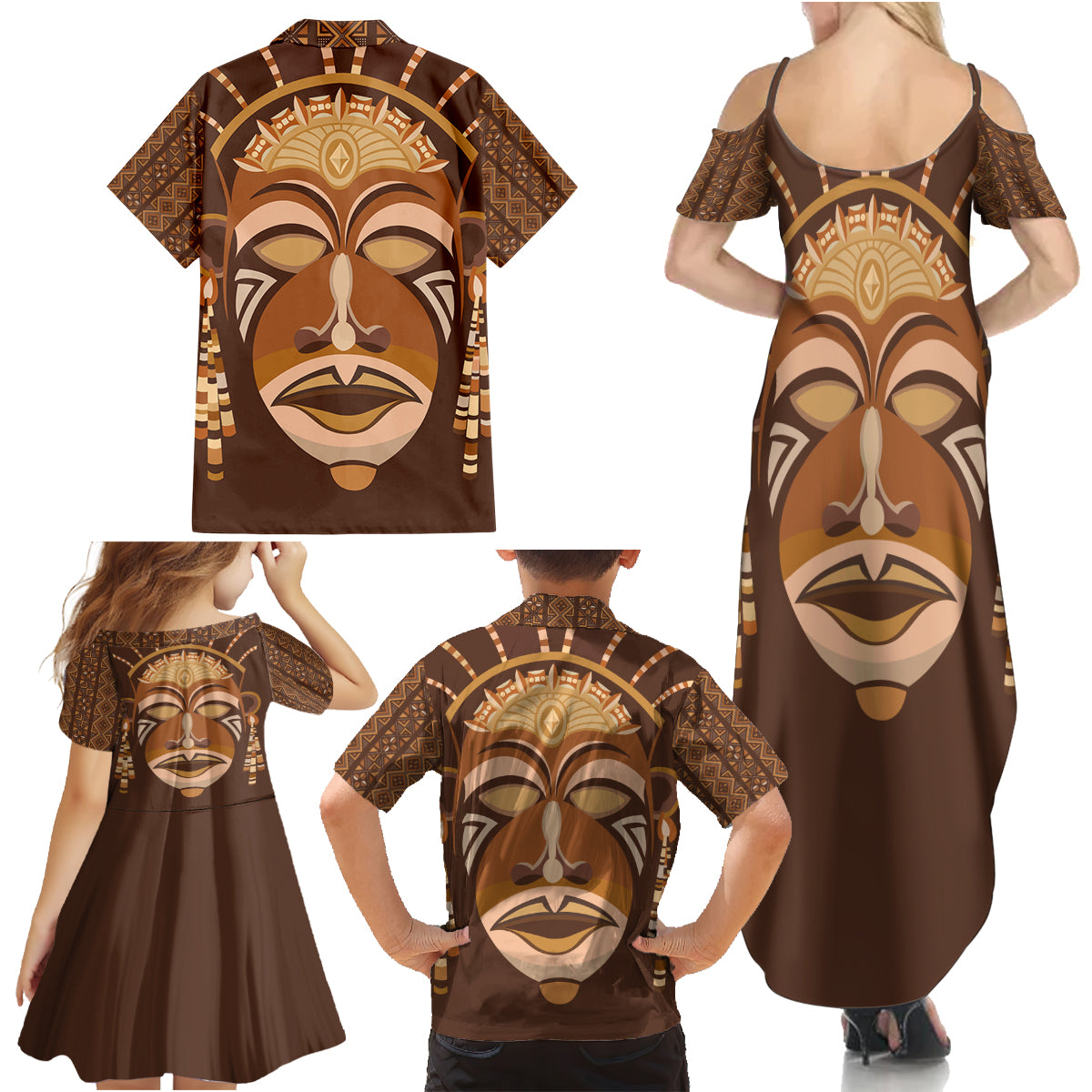 African Women Family Matching Summer Maxi Dress and Hawaiian Shirt Tribal Ethnic Mask - Wonder Print Shop