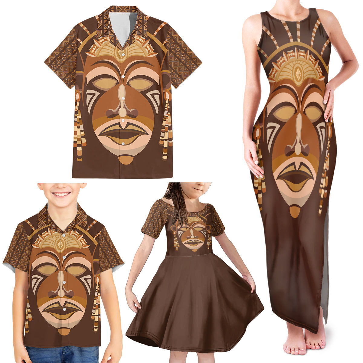 African Women Family Matching Tank Maxi Dress and Hawaiian Shirt Tribal Ethnic Mask - Wonder Print Shop