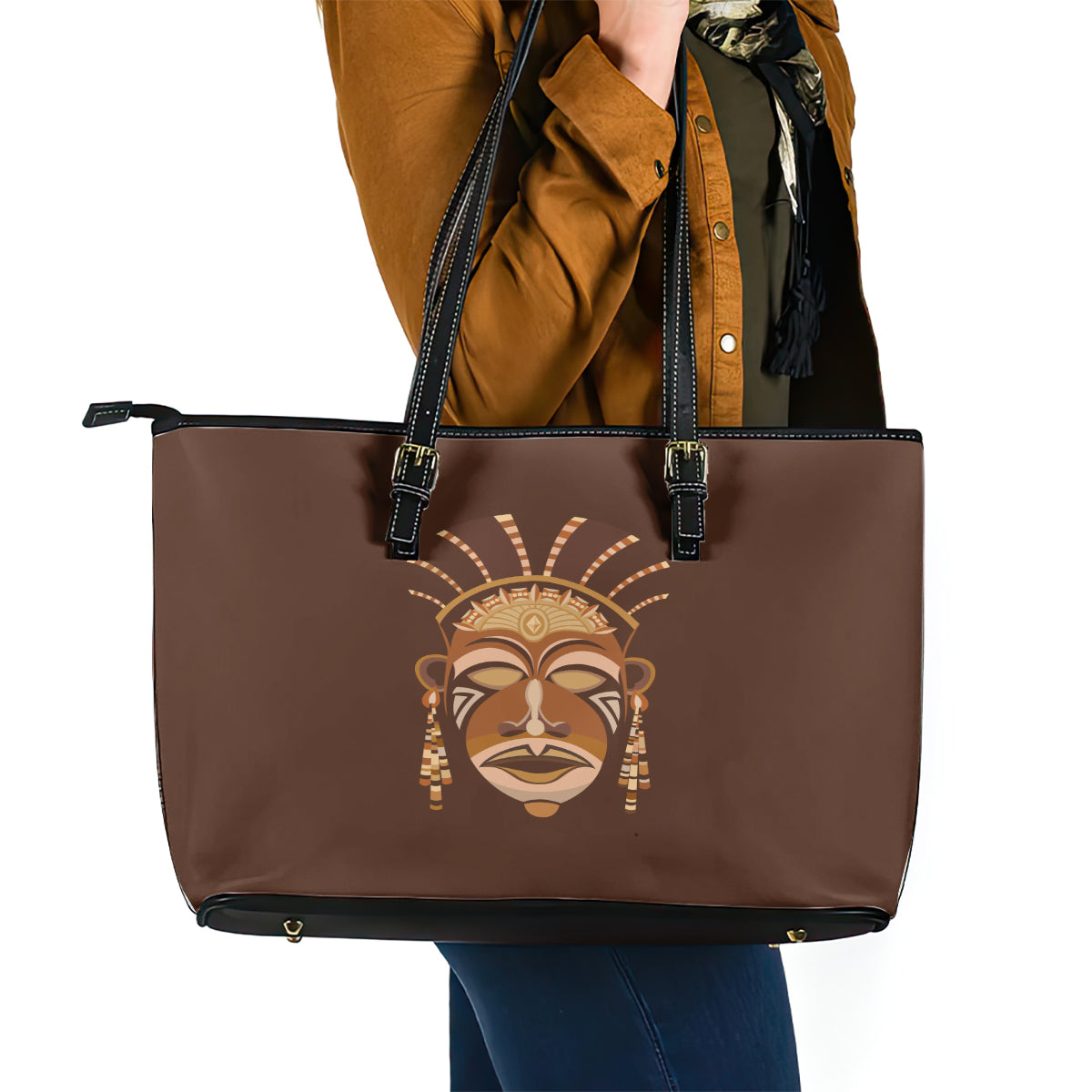 African Women Leather Tote Bag Tribal Ethnic Mask - Wonder Print Shop