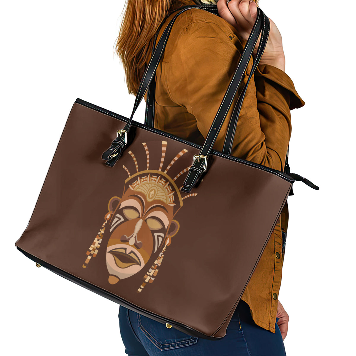 African Women Leather Tote Bag Tribal Ethnic Mask - Wonder Print Shop